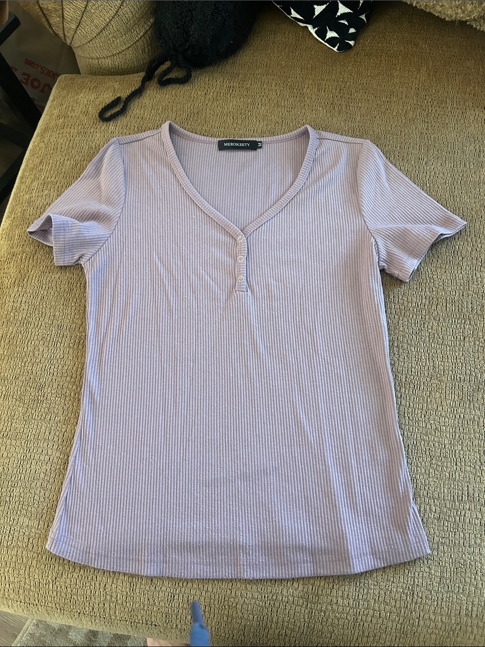 Lilac Ribbed Short Sleeve Henley Tee